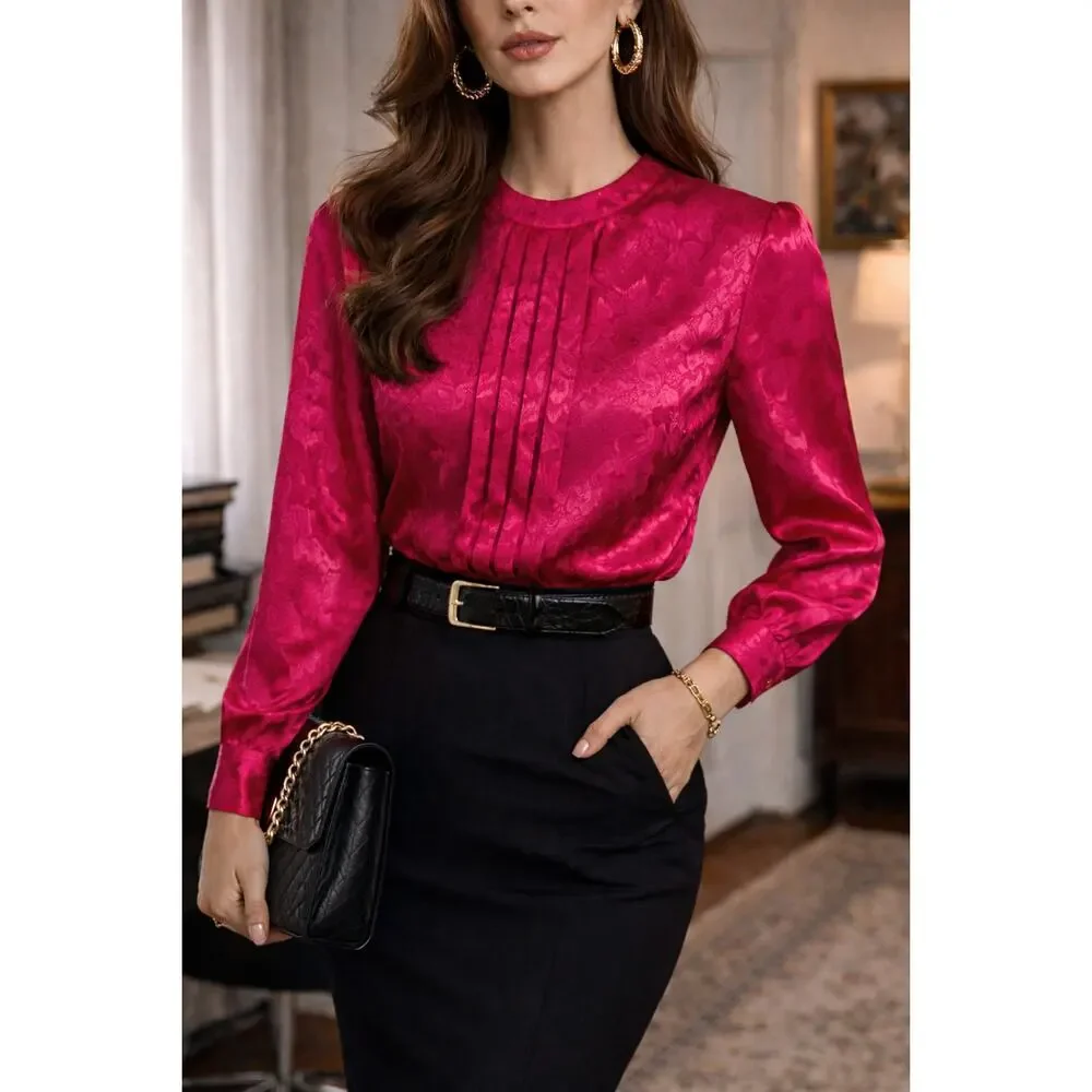 Laura Jean vintage Hot Pink Floral Embossed Back Button Secretary Blouse size 10